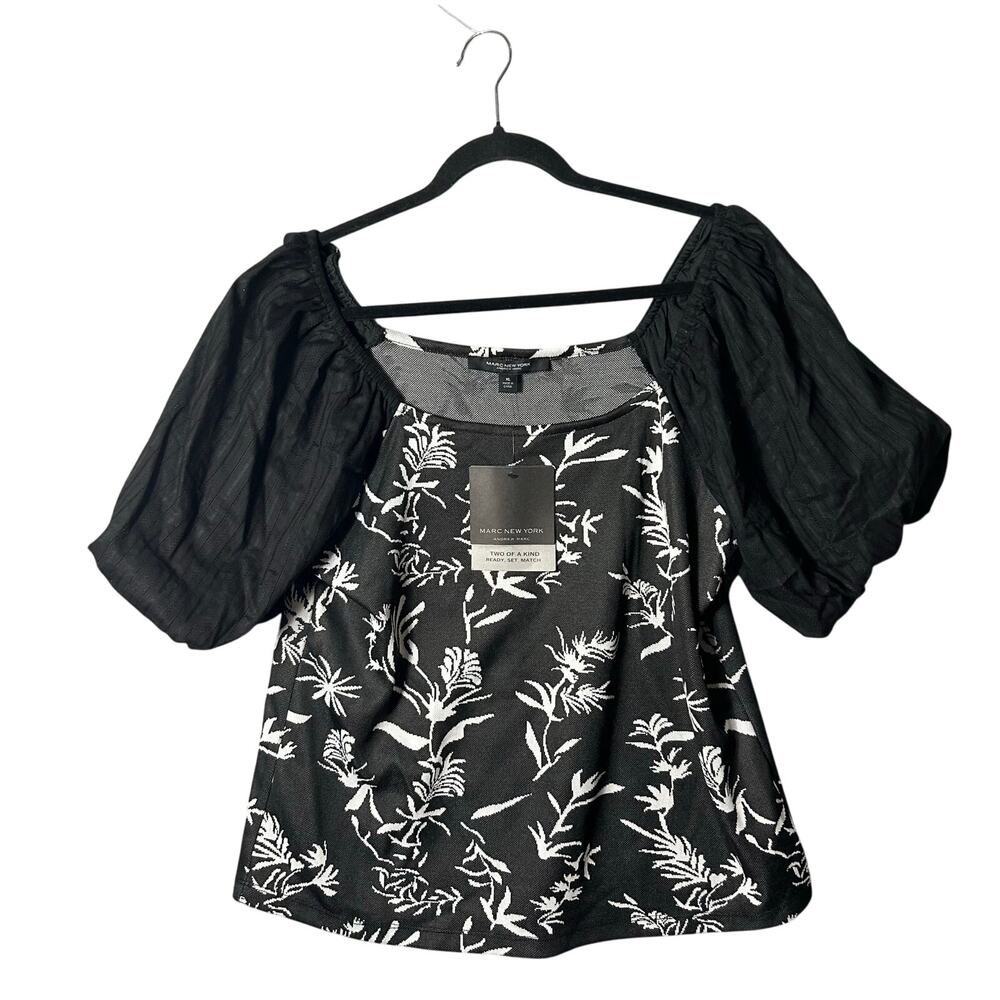 Marc New‎ York Top Womens XL Black White Floral Print Top With Puff Sleeves